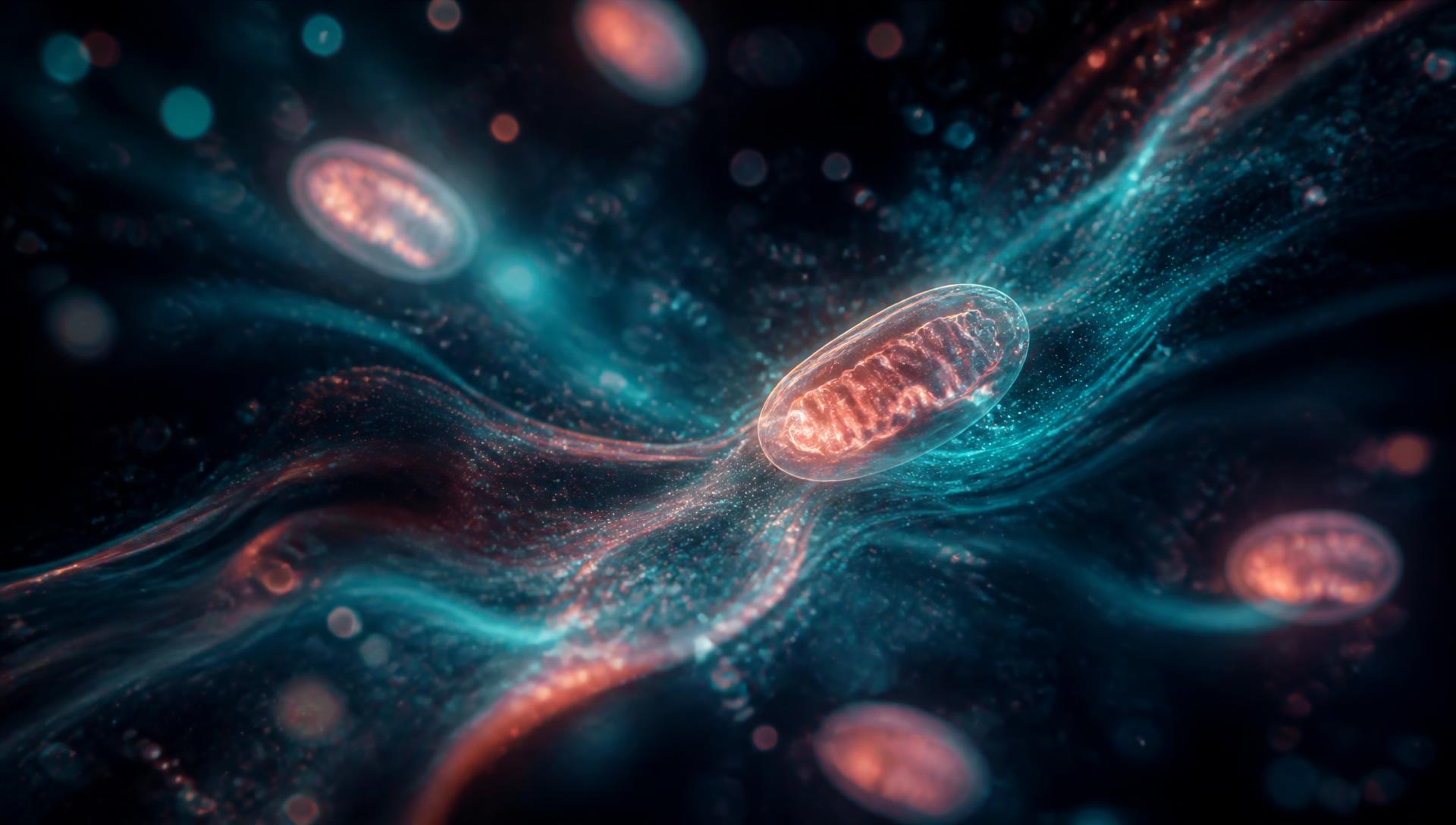Abstract glowing cellular energy forms suggesting mitochondria and vitality
