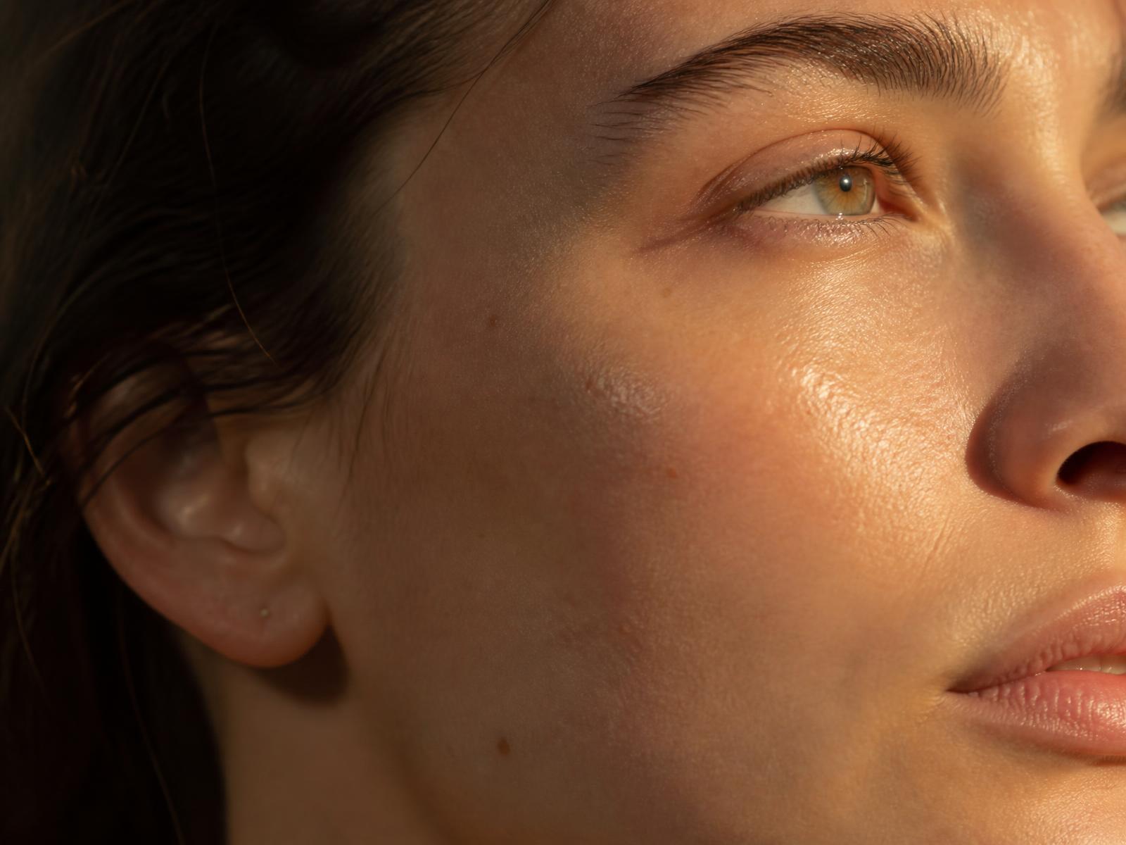 Close crop of luminous, dewy skin in golden light