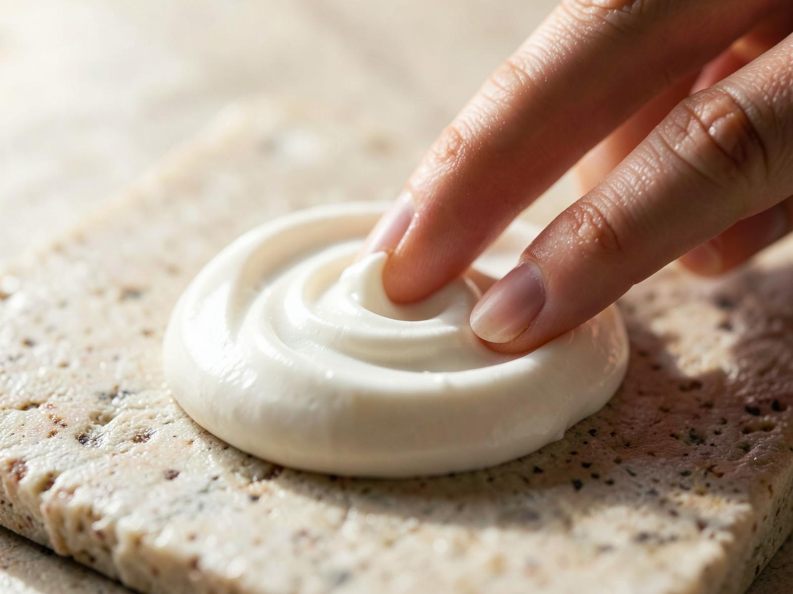 Fingertips touching a swirl of rich cream texture in natural light